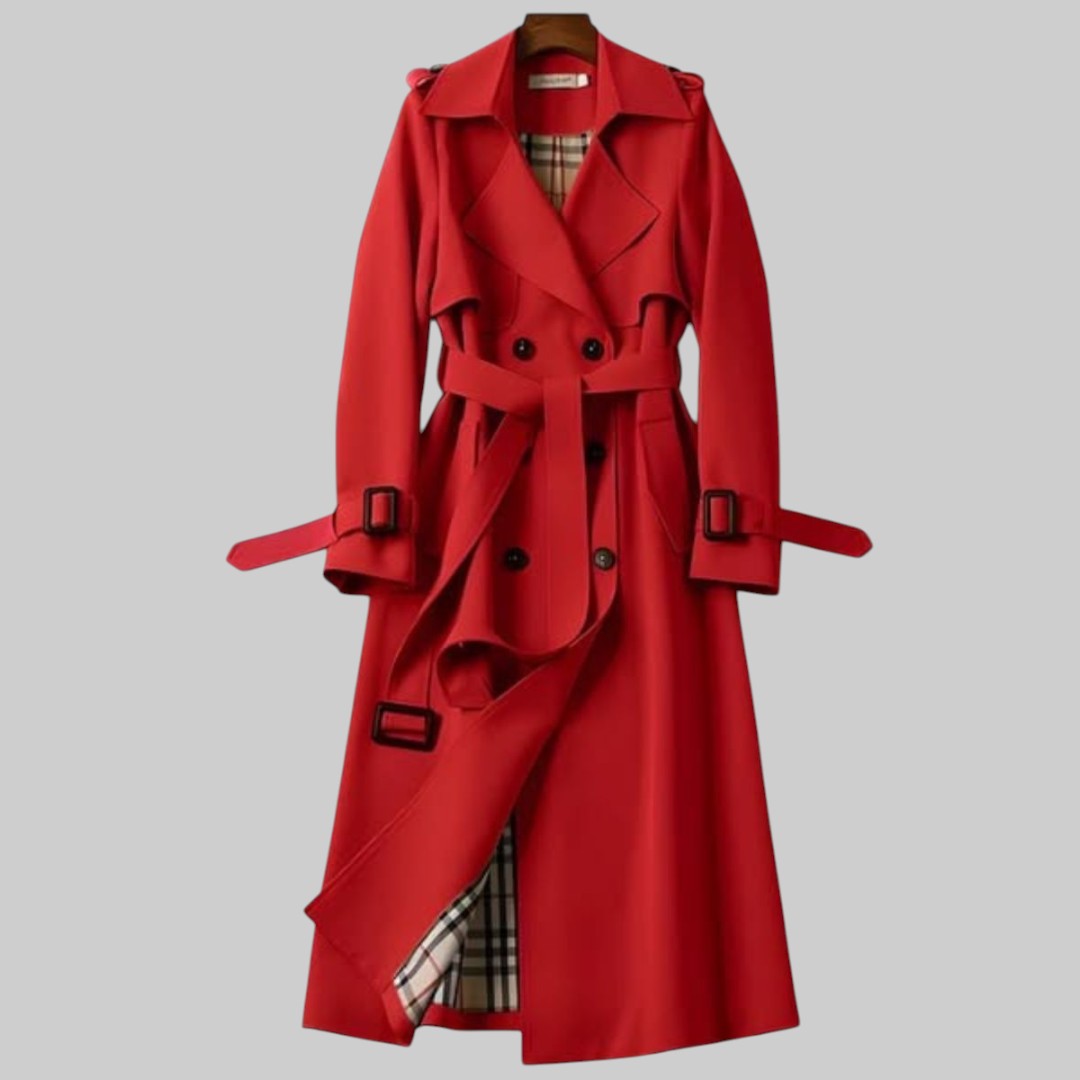 Trench coat mulher com cinto e dupla fileira de botões corte longo