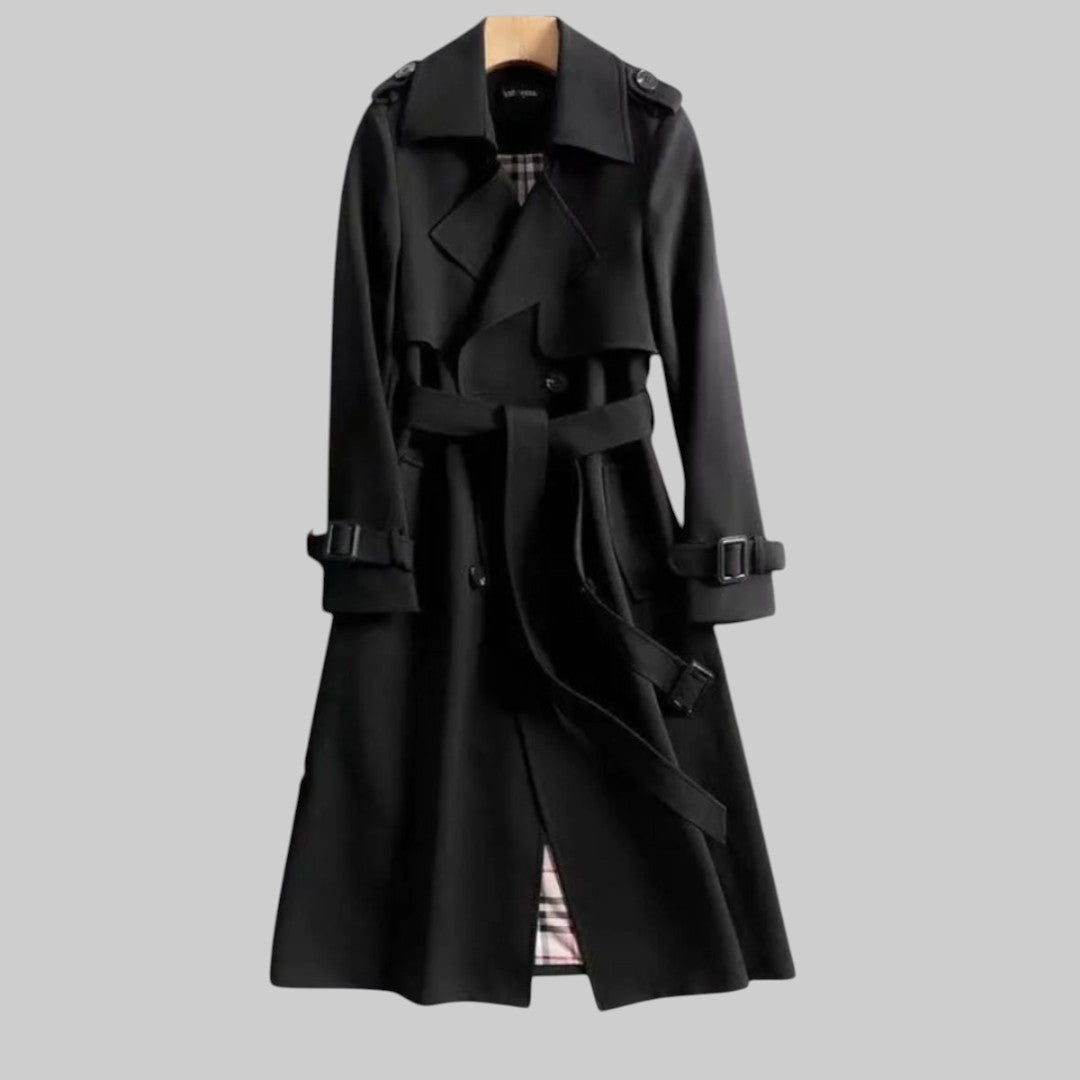 Trench coat mulher com cinto e dupla fileira de botões corte longo
