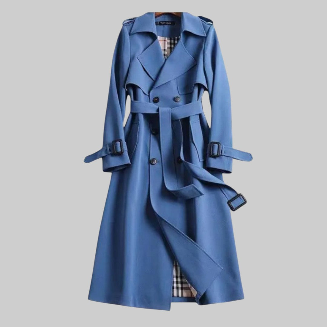 Trench coat mulher com cinto e dupla fileira de botões corte longo