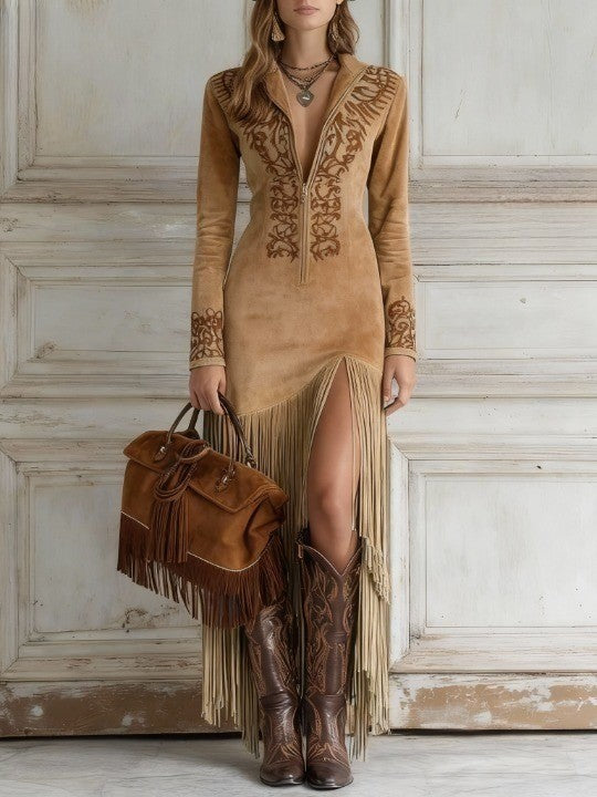 Vestido maxi feminino manga longa com franjas e bordado frontal