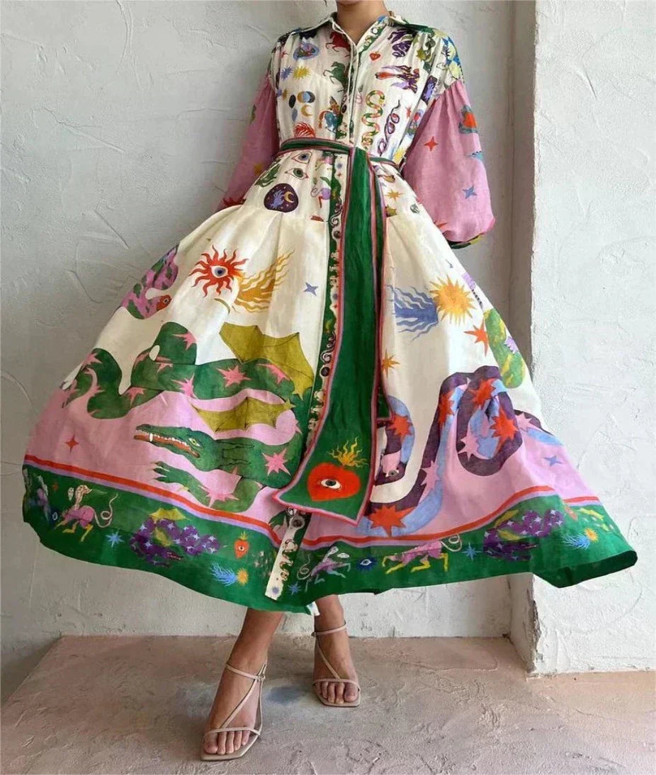Vestido feminino volumoso estampado maxi multicolorido