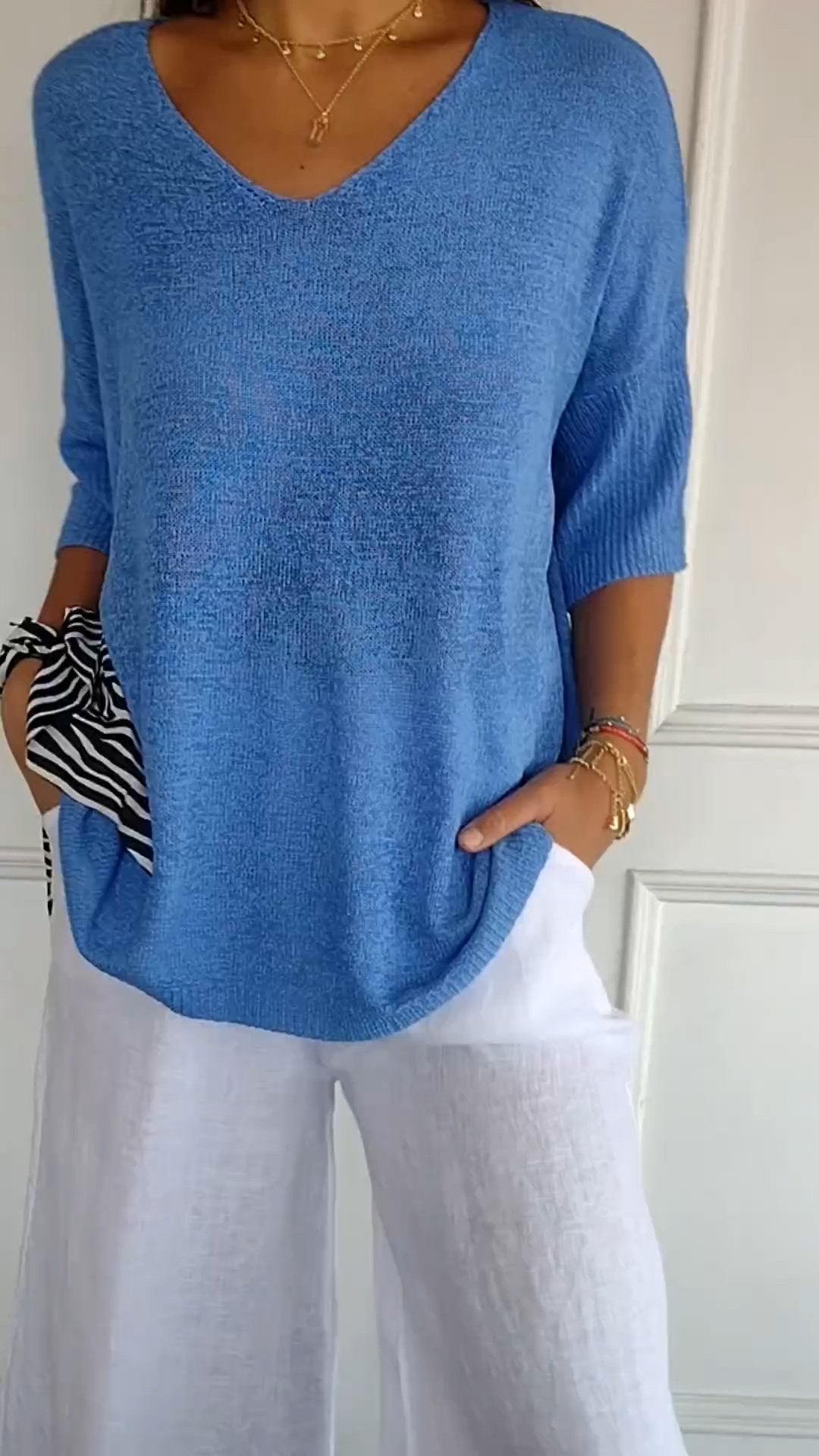 Top de tricot feminino com decote V liso em várias cores
