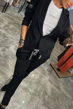 Conjunto feminino 2 peças blazer e calça cintura elástica pernas retas