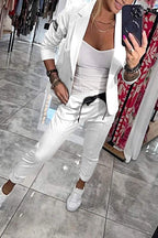Conjunto feminino 2 peças blazer e calça cintura elástica pernas retas