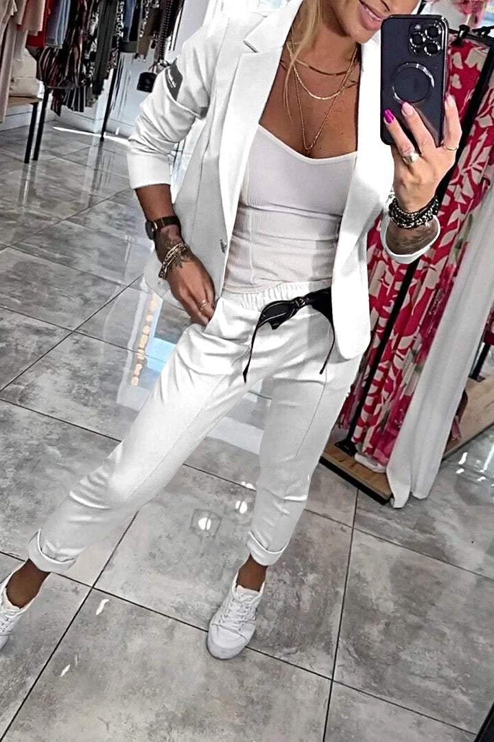 Conjunto feminino 2 peças blazer e calça cintura elástica pernas retas