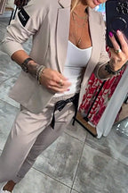 Conjunto feminino 2 peças blazer e calça cintura elástica pernas retas