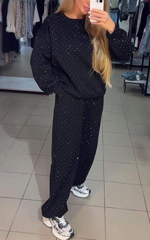 Conjunto loungewear feminino calça larga com detalhes strass corte relaxado