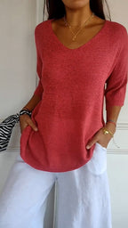Top de tricot feminino com decote V liso em várias cores