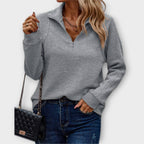 Camisola canelada feminina quarter-zip com gola, manga comprida