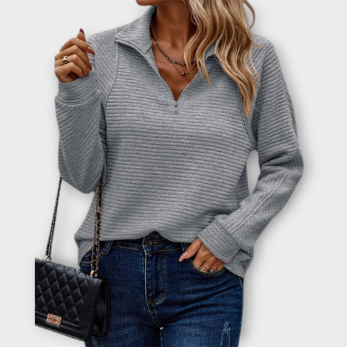 Camisola canelada feminina quarter-zip com gola, manga comprida