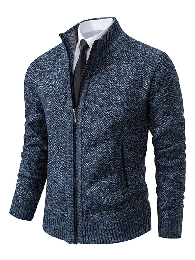 Cardigan homem malha canelada fecho completo gola alta