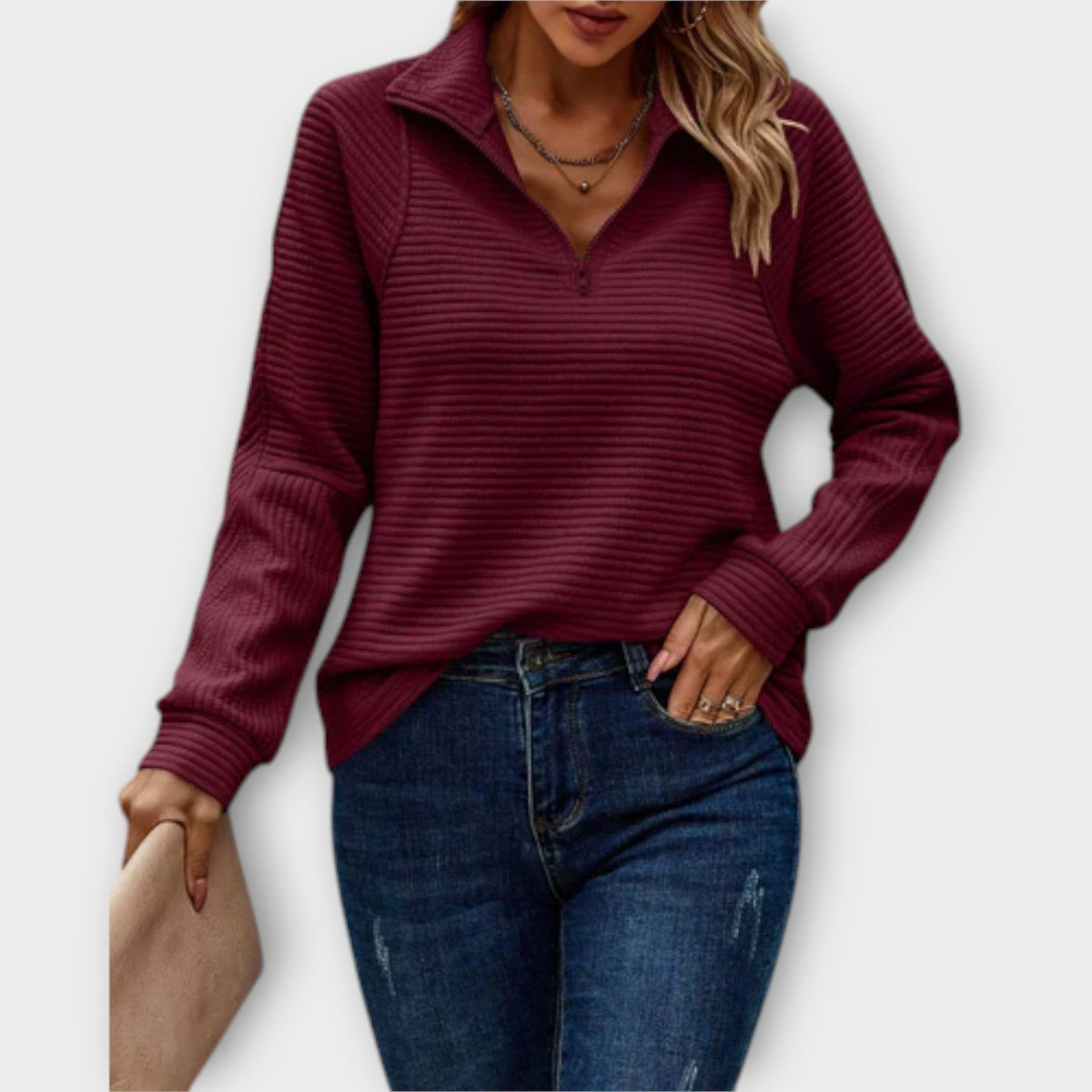 Camisola canelada feminina quarter-zip com gola, manga comprida