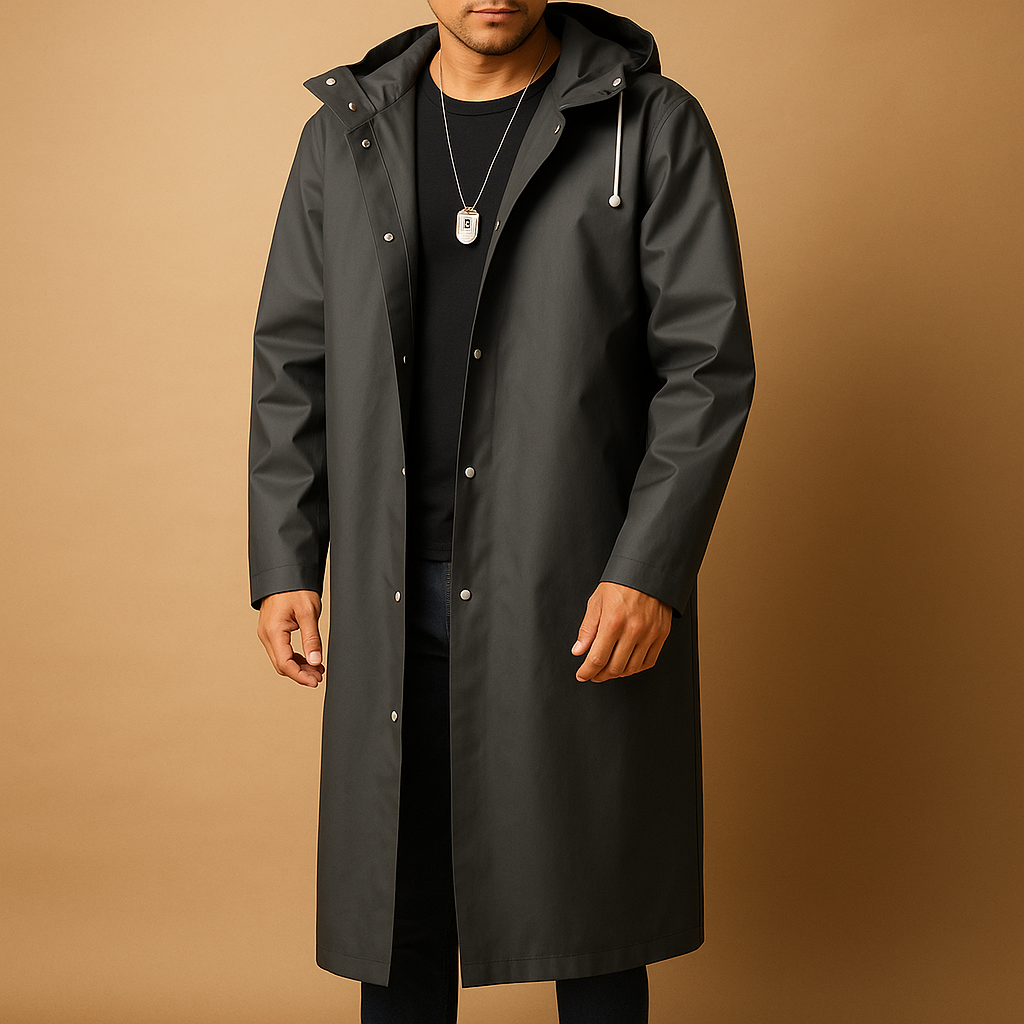 Capa de chuva longa homem com capuz impermeável corte longo