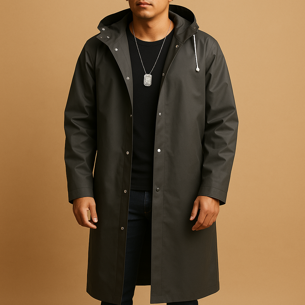 Capa de chuva longa homem com capuz impermeável corte longo