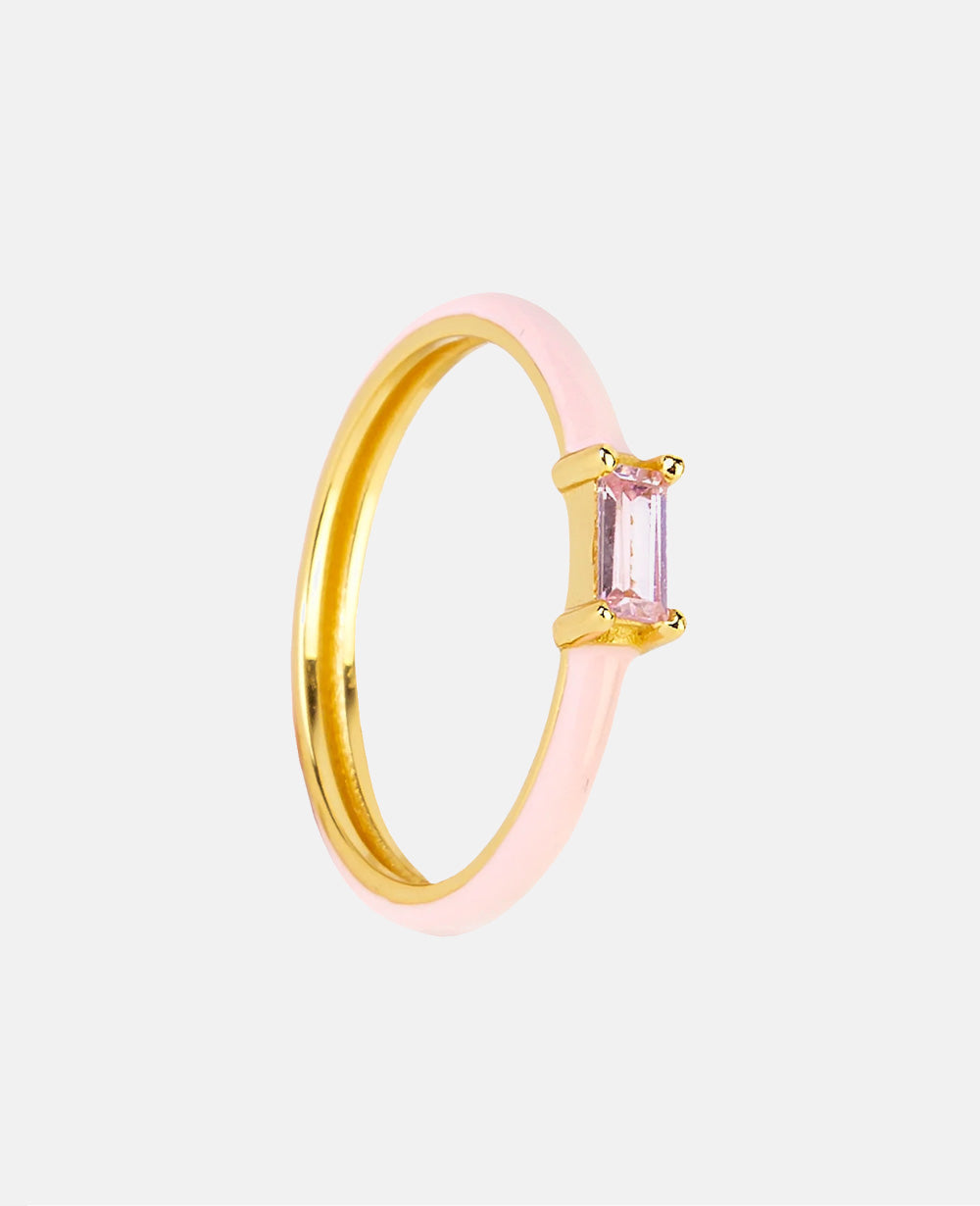 Anel de prata dourado rosa com esmalte e zircônia rosa, design minimalista feminino