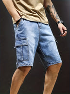 Calções cargo denim homem com cós ajustável e bolsos laterais