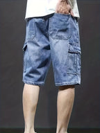 Calções cargo denim homem com cós ajustável e bolsos laterais