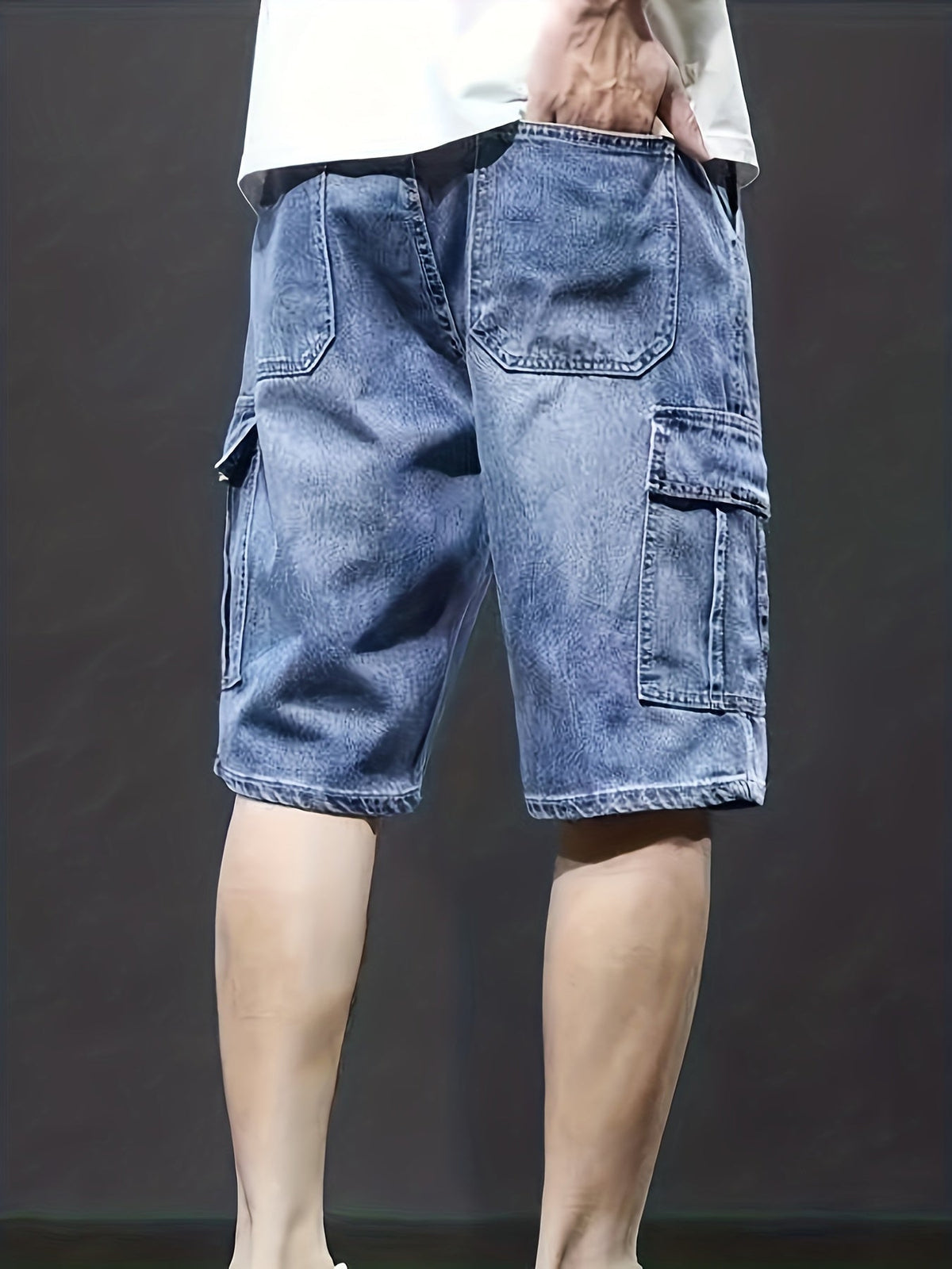 Calções cargo denim homem com cós ajustável e bolsos laterais