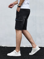 Calções cargo denim homem com cós ajustável e bolsos laterais