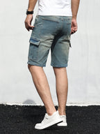 Calções cargo denim homem com cós ajustável e bolsos laterais