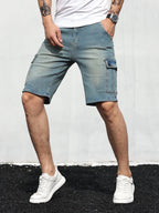 Calções cargo denim homem com cós ajustável e bolsos laterais