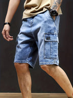 Calções cargo denim homem com cós ajustável e bolsos laterais