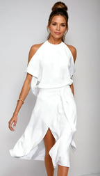 Vestido midi ombros à mostra com orla assimétrica fluida para mulher