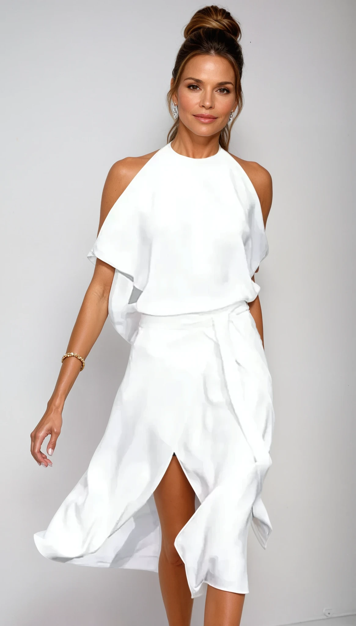 Vestido midi ombros à mostra com orla assimétrica fluida para mulher