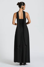 Vestido maxi mulher corpete sem alças com fenda lateral elegante