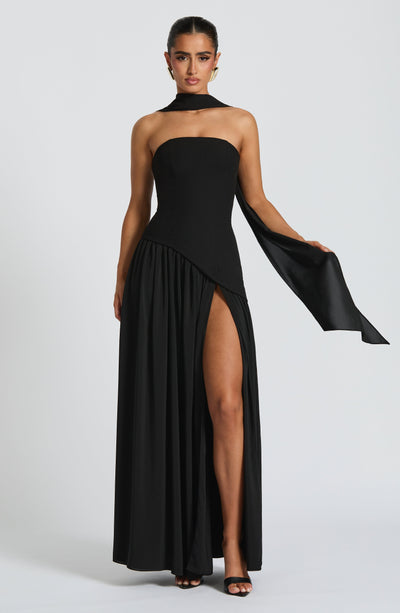Vestido maxi mulher corpete sem alças com fenda lateral elegante