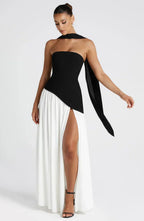 Vestido maxi mulher corpete sem alças com fenda lateral elegante