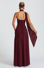 Vestido maxi mulher corpete sem alças com fenda lateral elegante
