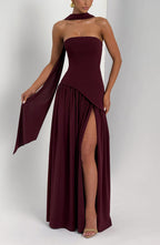 Vestido maxi mulher corpete sem alças com fenda lateral elegante