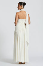 Vestido maxi mulher corpete sem alças com fenda lateral elegante