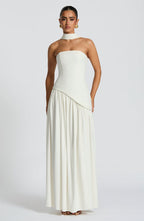 Vestido maxi mulher corpete sem alças com fenda lateral elegante