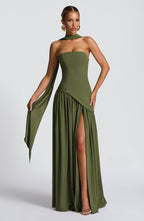 Vestido maxi mulher corpete sem alças com fenda lateral elegante