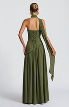 Vestido maxi mulher corpete sem alças com fenda lateral elegante