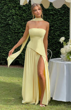 Vestido maxi mulher corpete sem alças com fenda lateral elegante