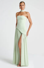 Vestido maxi mulher corpete sem alças com fenda lateral elegante