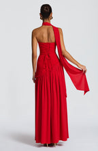 Vestido maxi mulher corpete sem alças com fenda lateral elegante