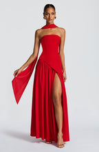Vestido maxi mulher corpete sem alças com fenda lateral elegante