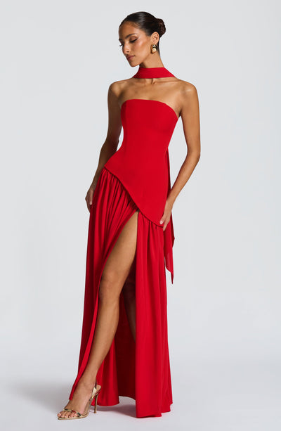 Vestido maxi mulher corpete sem alças com fenda lateral elegante