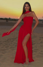 Vestido maxi mulher corpete sem alças com fenda lateral elegante