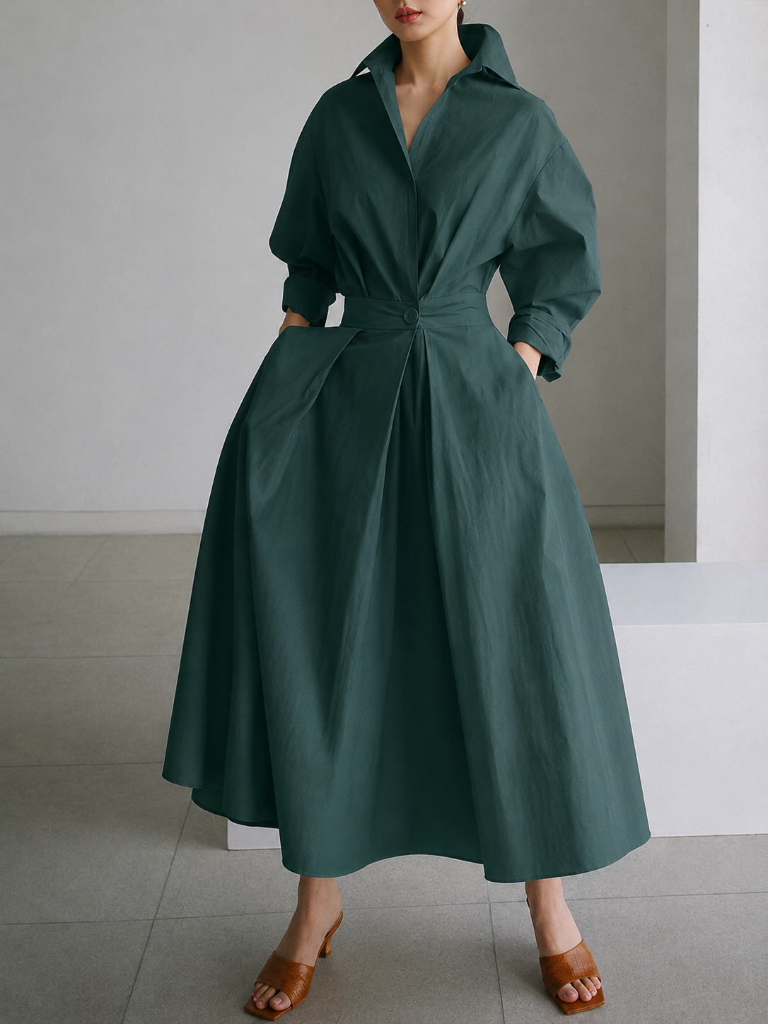 Vestido camiseiro feminino midi com botões e cinto ajustável