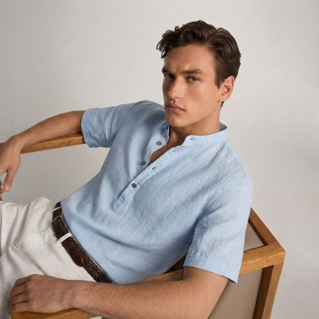 Camisa de linho masculina em tecido natural macio e respirável