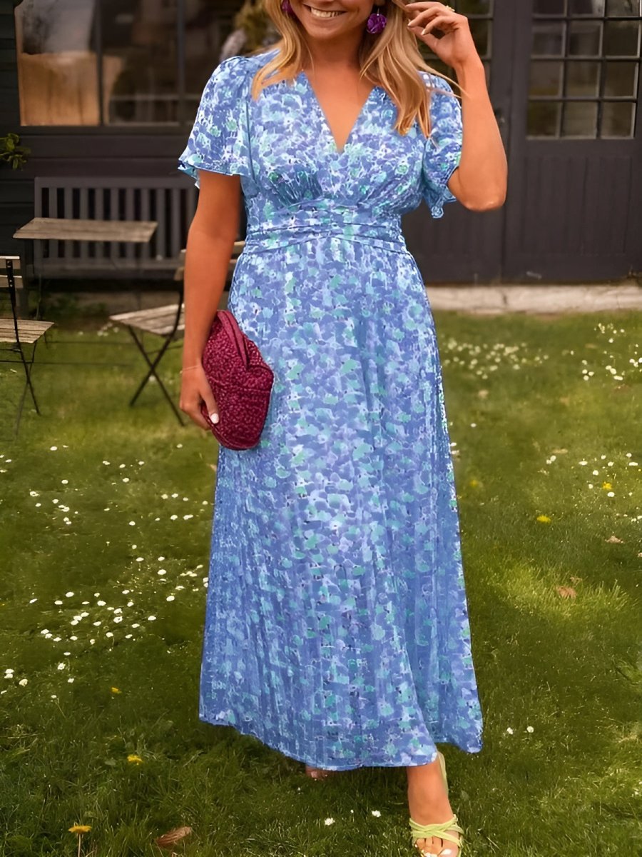 Vestido longo floral feminino com decote em V e silhueta fluida