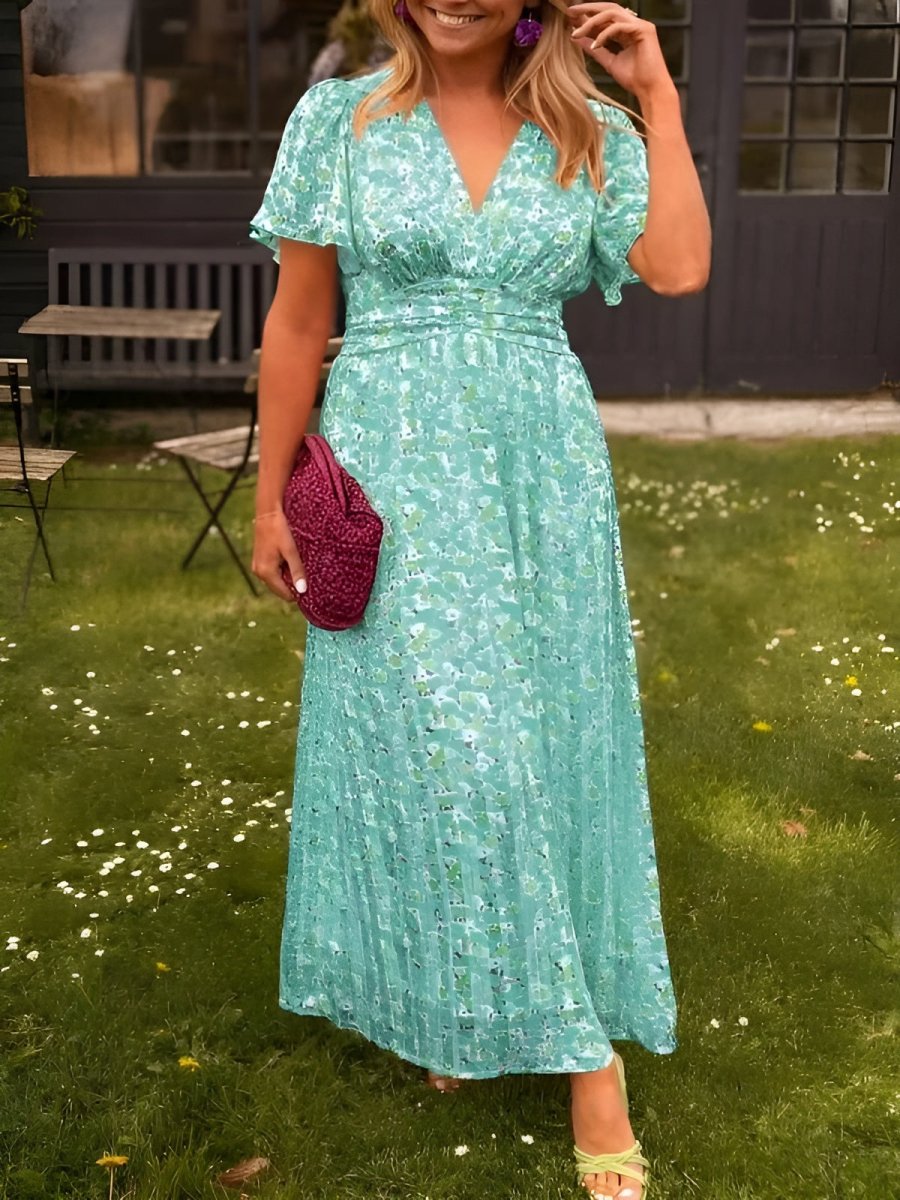 Vestido longo floral feminino com decote em V e silhueta fluida