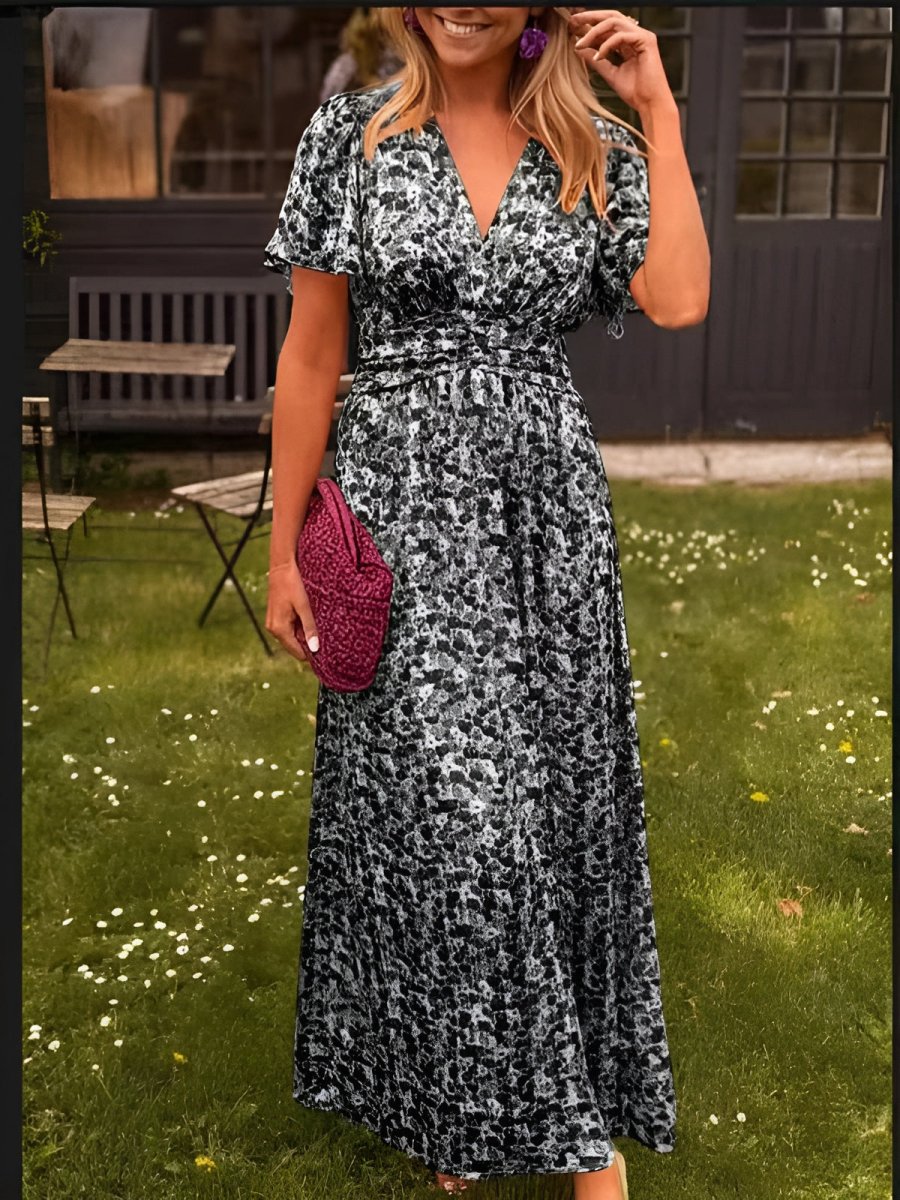 Vestido longo floral feminino com decote em V e silhueta fluida