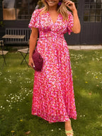 Vestido longo floral feminino com decote em V e silhueta fluida