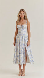 Vestido midi mulher com detalhe corset, silhueta ajustada e saia fluida